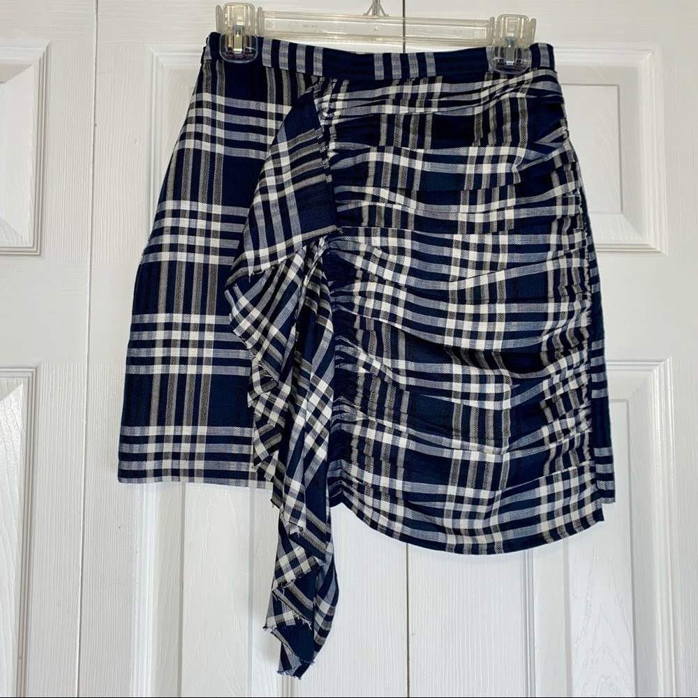 Zara Woman Navy Plaid pleated draped ruffle linen blend skirt XS
